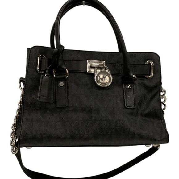 Michael Kors Black Leather Logo Hamilton Satchel Lock Purse - Picture 1 of 5